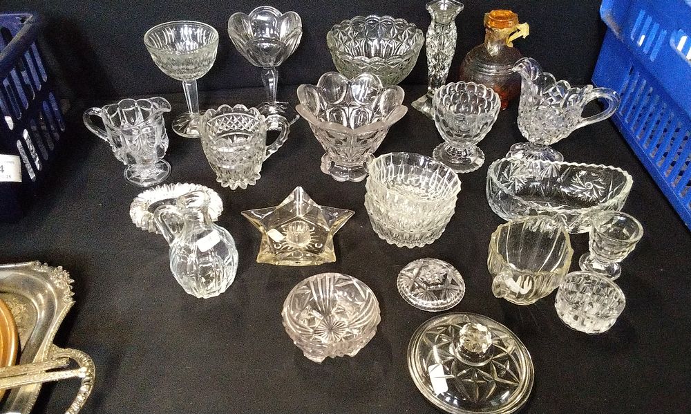 Lot 674: A Collection of 20 Clear Glass Tableware and Amber Bottle