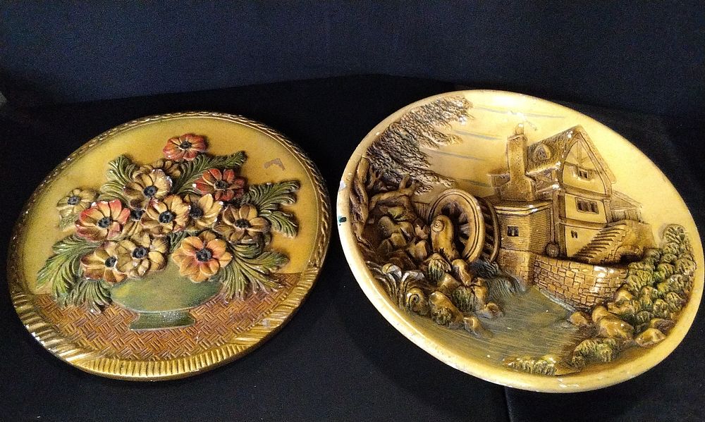 Lot 689: A Pair of Vintage Hand-Painted Chalkware Relief Wall Plaques