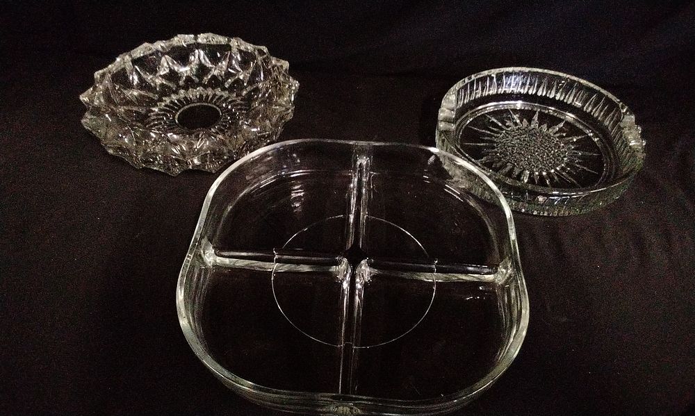 Lot 701: Two Clear Glass Ashtrays and Divided Serving Dish