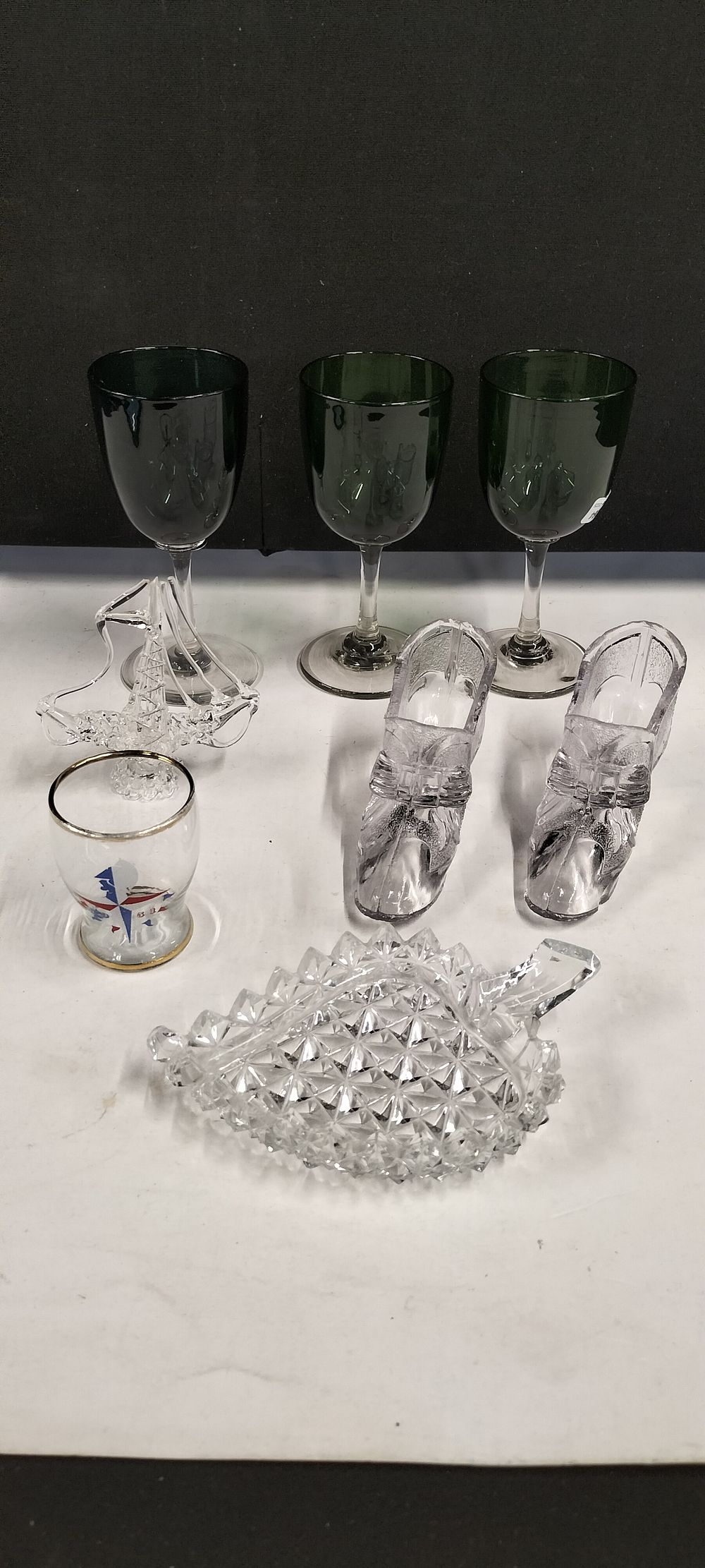 Lot 761: A Collection of Assorted Glassware Including a1951 Festival of Britain Shot Glass and Three Small Green Wine Glasses