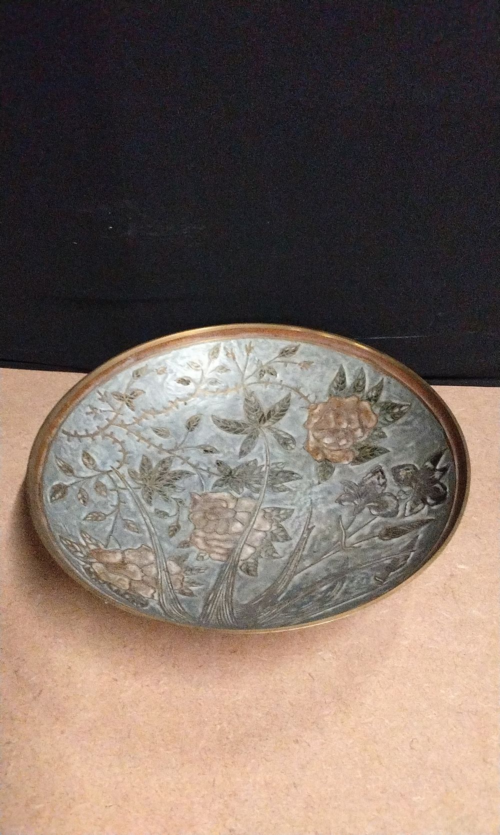Lot 615: Vintage Brass Enamel  Floral Decorative Bowl