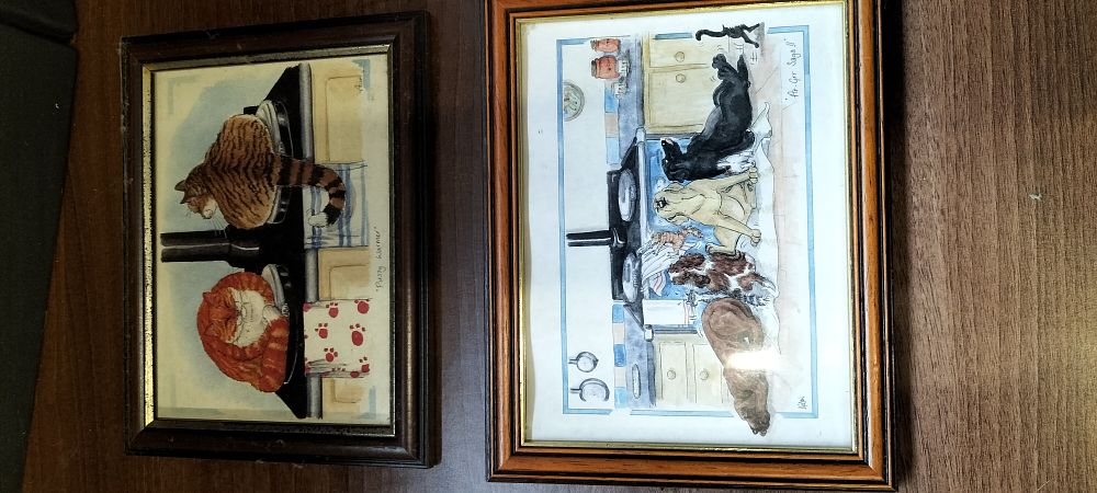 Lot 681: Two Framed Watercolor Paintings of Cats and Dogs