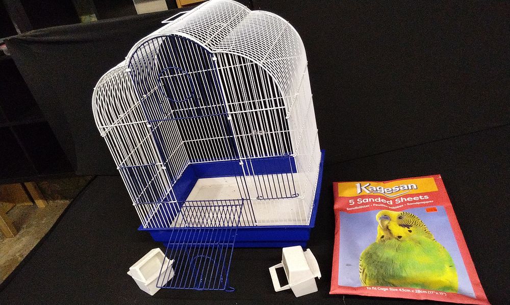 Lot 702: White and Blue Bird Cage with Accessories and Sanded Sheets