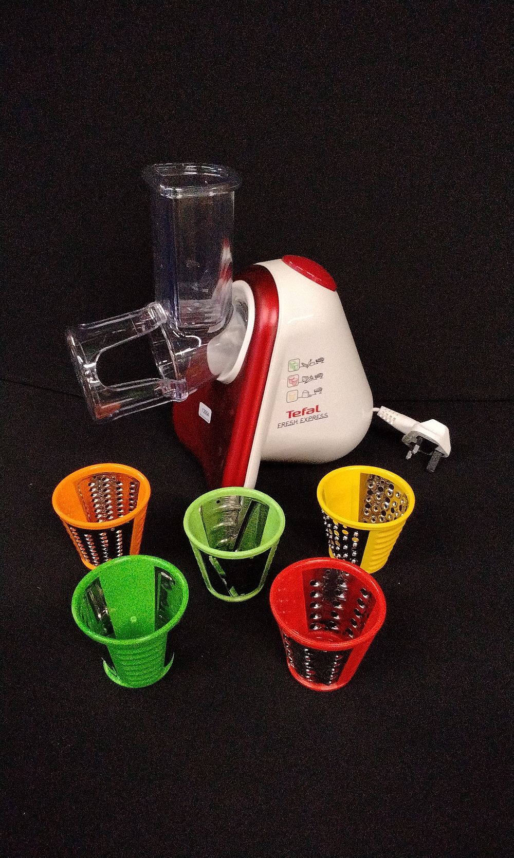 Lot 705: Tefal Red and White Fresh Express Electric Grater Slicer. Tested for Power