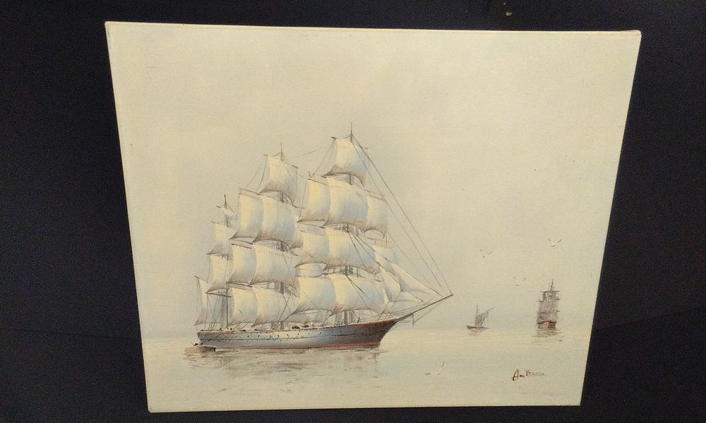 Lot 732: Signed Seascape Painting of a Three-Masted Sailing Ship