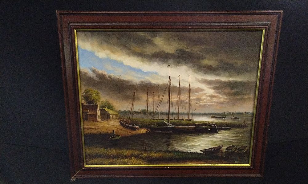 Lot 734: Framed Oil Painting of a Harbor