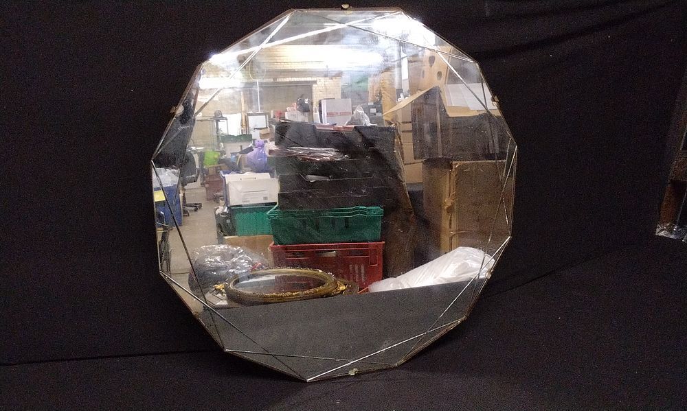 Lot 397: Octogonal Wood Backed Mirror with Reversed Engraved lines Inside the Mirror. Measures Approx 52 x 52.5 cm