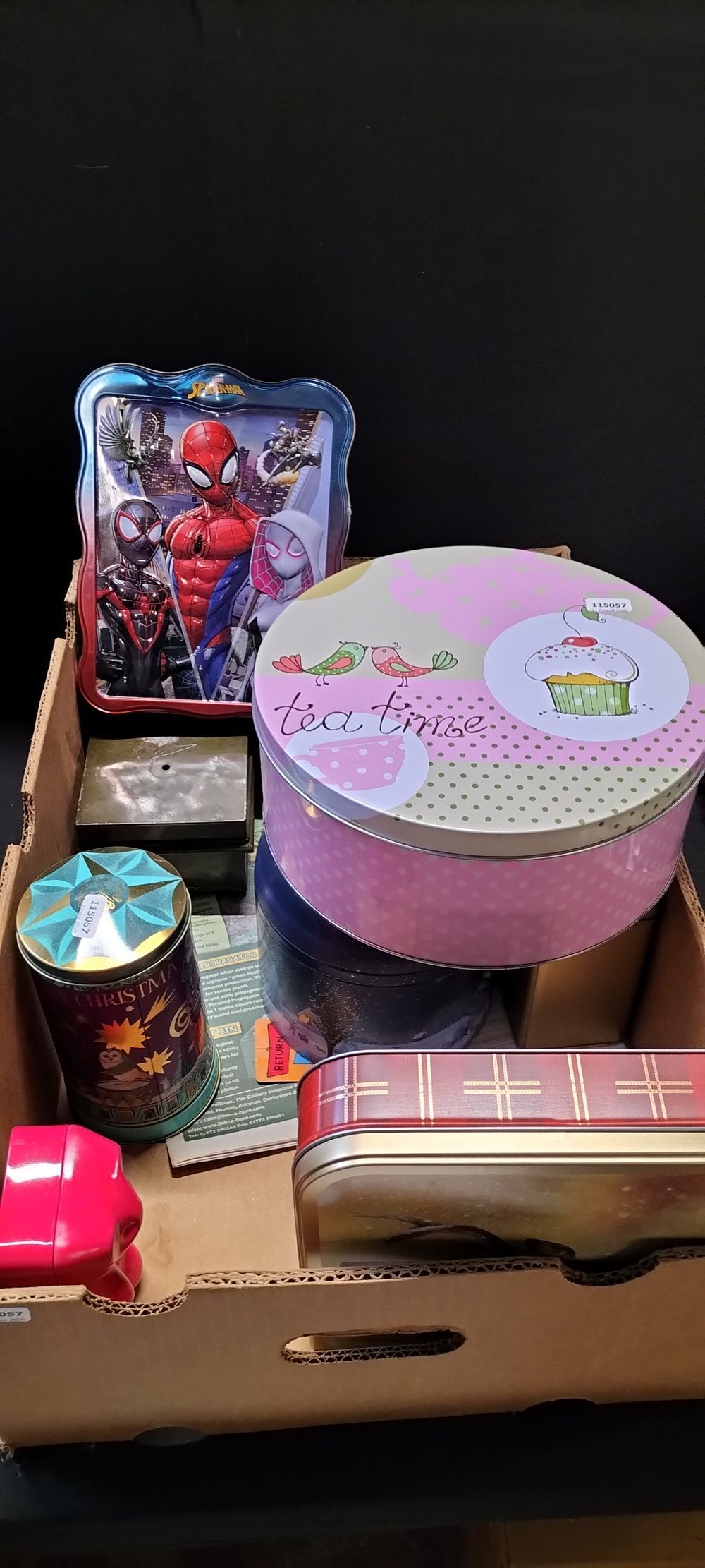 Lot 400: 10x Tins, Various Sizes, including cake tin, musical biscuit tin and Spiderman tin