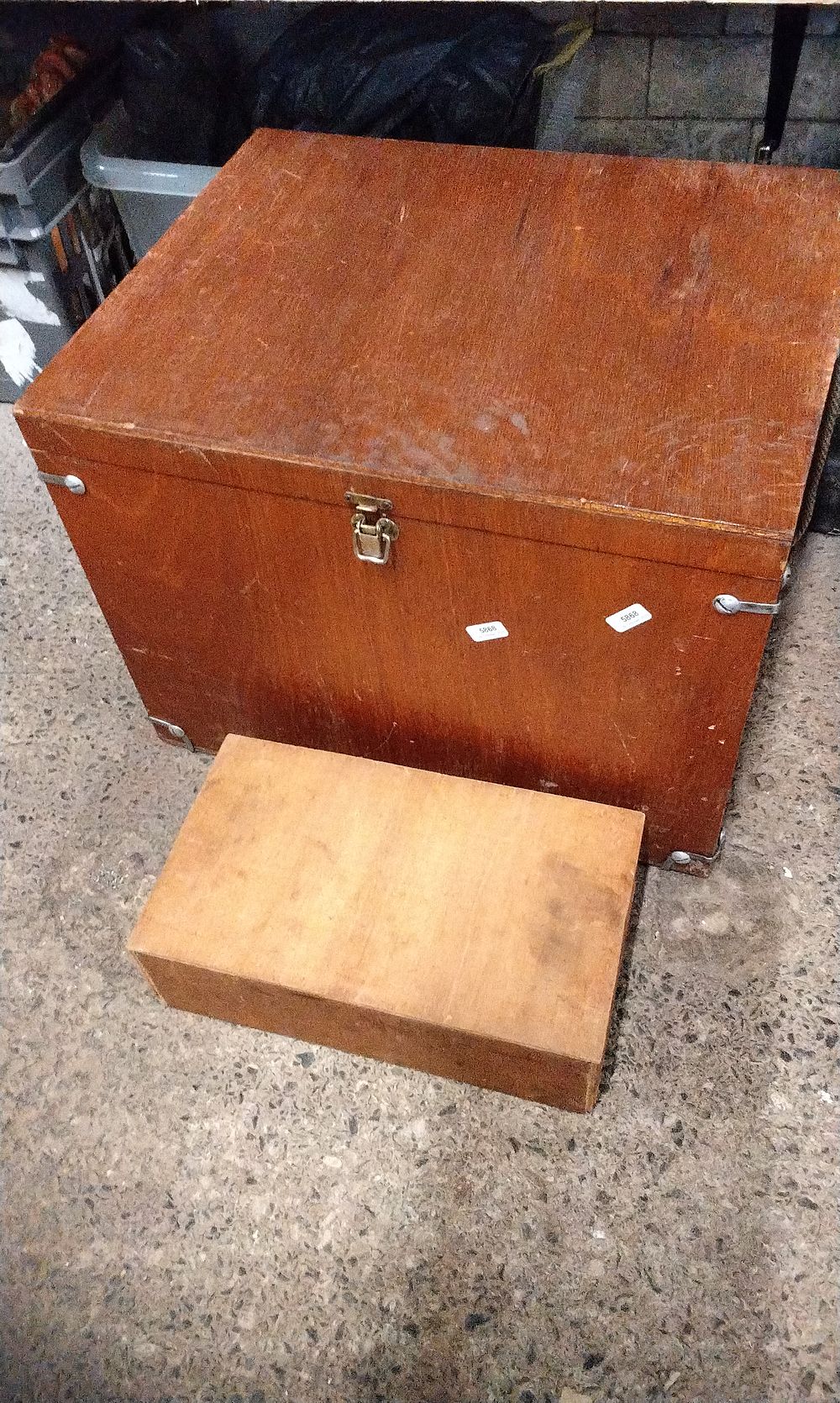 Lot 798: Wooden Hinged Lid Box with Carry Strap and a Small Sliding Lid Box