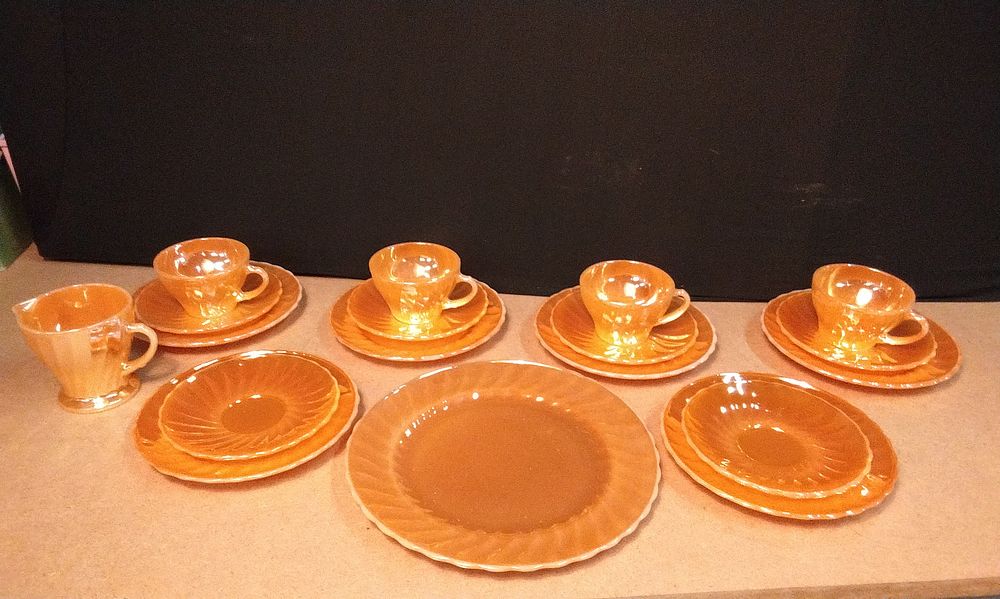 Lot 653: 18-Piece Anchor Hocking Fire King Peach Lustre Suburbia Dinnerware Set. COLLECTION ONLY