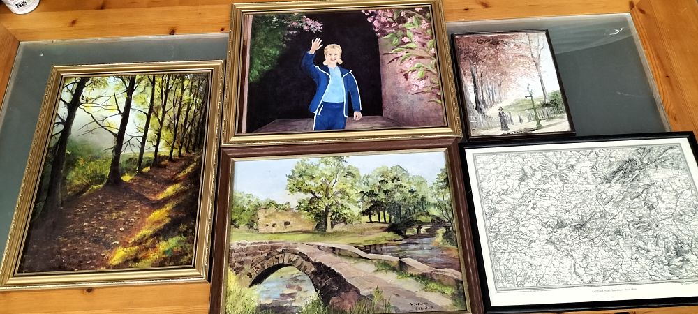 Lot 669: A Group of Five Framed Paintings and Map Print
