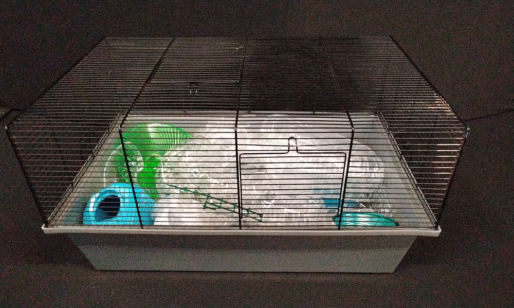 Lot 687: Pet Cage with Tubes, Wheel, Bowl, Hideaway, and Ladder