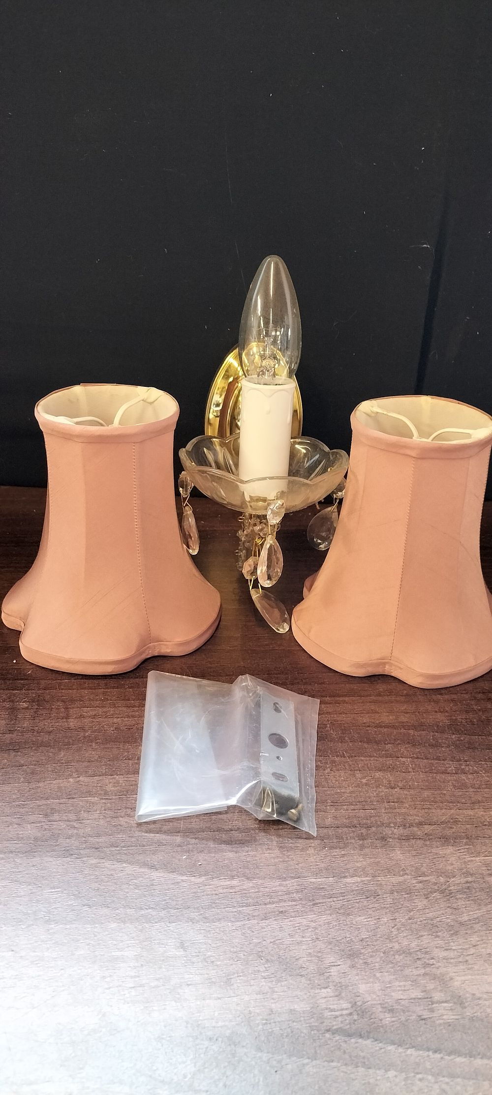 Lot 718: Gold-Toned Brass Crystal Wall Sconce, Shades & Hardware