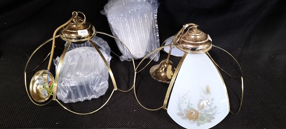 Lot 883: Two Brass Effect Hanging Light Fittings, Complete with Glass sections for Shades