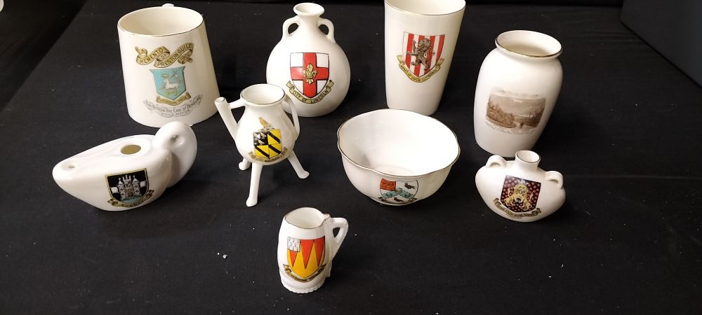 Lot 154: A Collection of 9 pieces of Pottery by WH Goss. From Various Locations around the UK Including Preston, Surrey and Shoreditch