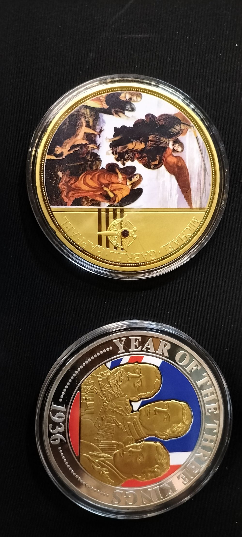 Lot 163: Two Large Gold Plated Commemorative Coins, One with Swarovski Crysta in Plastic Cases l