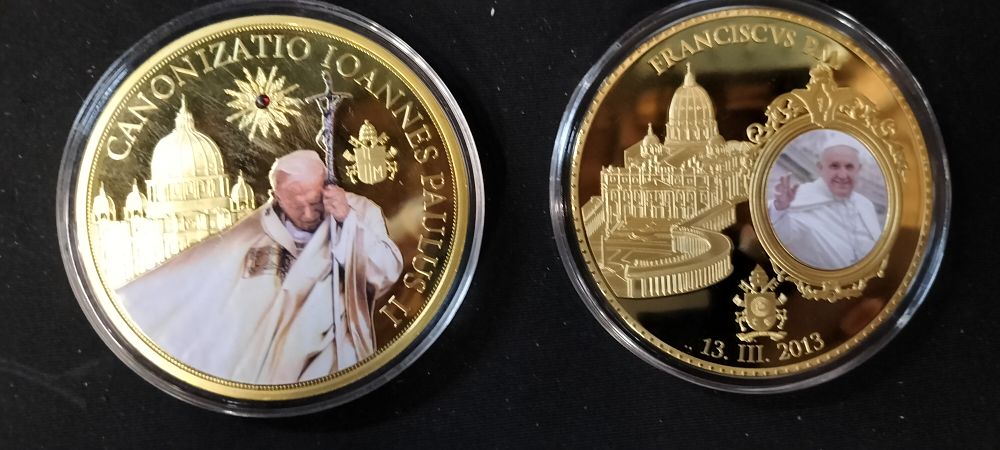 Lot 164: Two Large Gold Plated Commemorative Coins - One with Swarovski Crystal in Plastic Cases