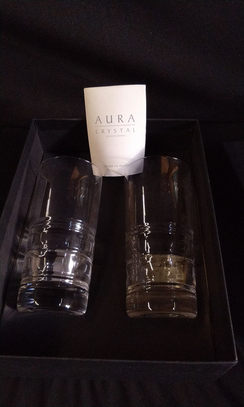 Lot 238: Boxed Two Aura Lead Crystal Highball Glasses