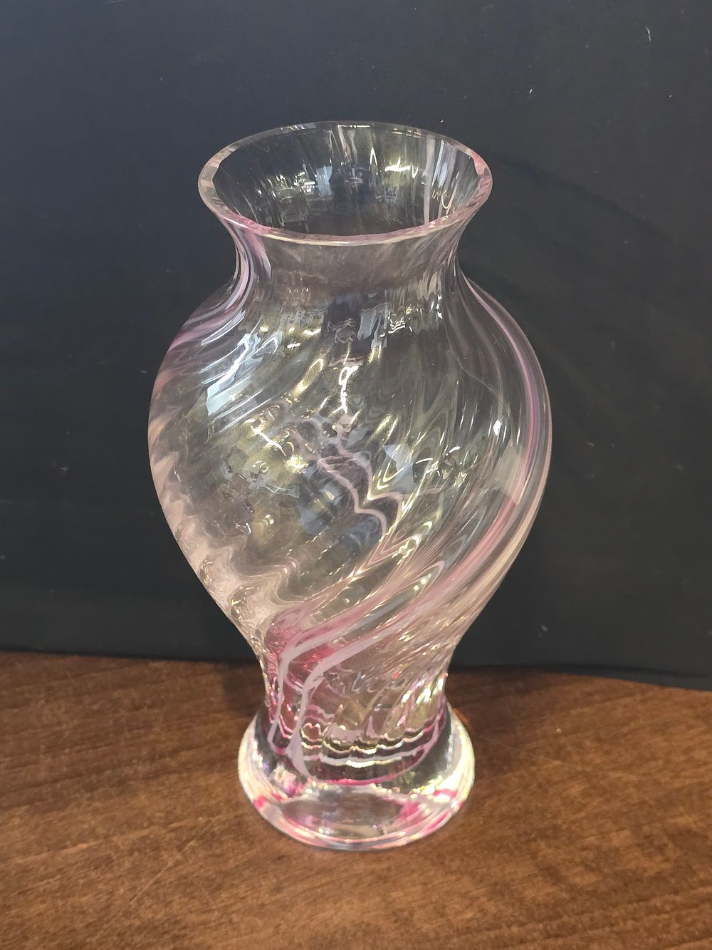 Lot 311: vintage Caithness pink swirl glass vase. It is a handmade art glass piece from Scotland, the "Flamenco" pattern. 