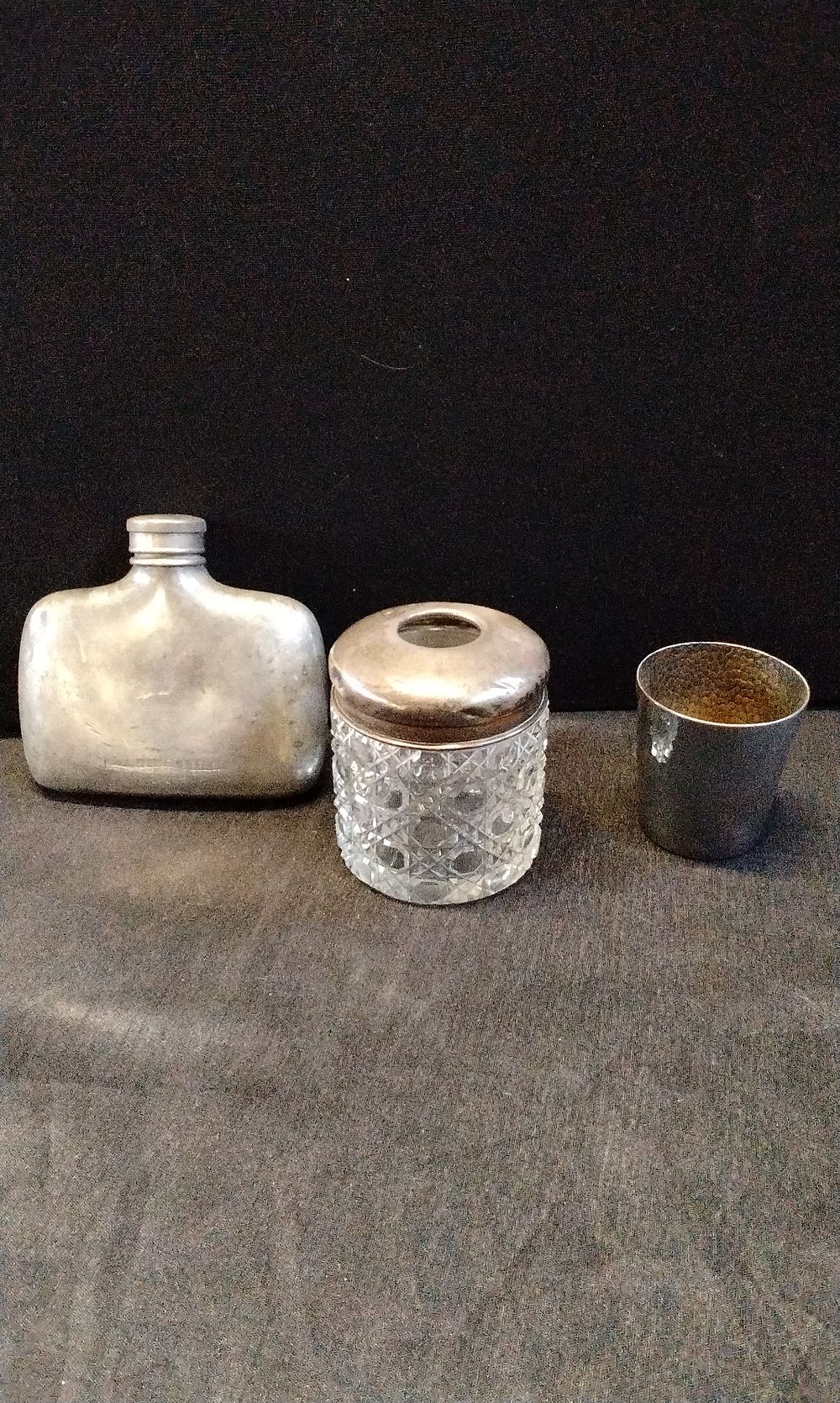 Lot 258: Hallmarked Sterling Silver Topped Crystal Hair Keep, Pewter  Kidney Shaped Hip Flask and Hammered Effect Shot Cup