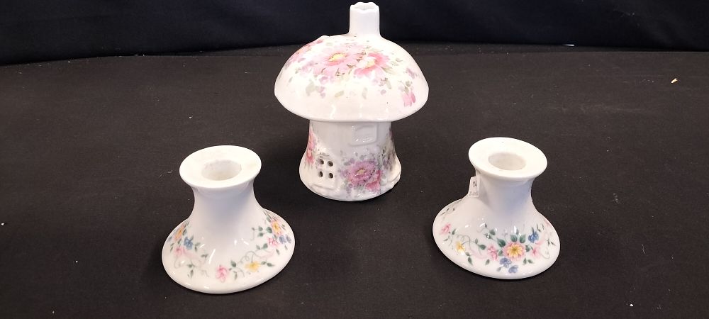 Lot 195: Two St. Michael Candle Holders Marked June 1989 and a Mushroom Shaped Tea Light Holder