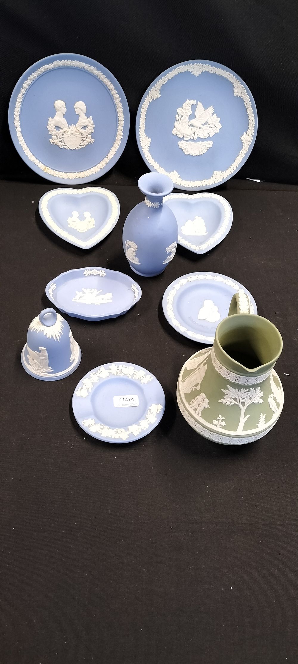 Lot 200: Ten Pieces of Wedgwood Jasper Ware Including a Green Vase and a Bell