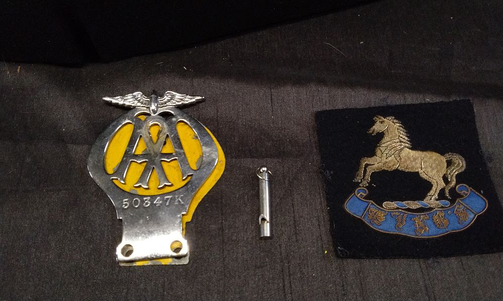 Vintage Royal Kings Regement Blazer Patch. Metal AA Car Badge, and Small Metal Whistle.
