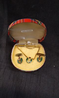 Vintage Scottish Thistle Tie Clip and Cufflinks Set in Original Box. With Enamelled Detail