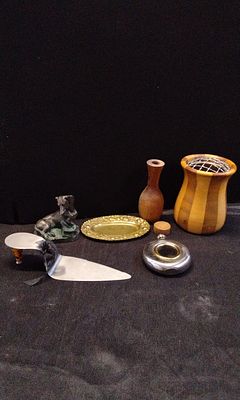 Mixed Lot. Including Treen Vase with Metal Liner, Brass Pin Tray, Steeke Window Hip Flask, and 