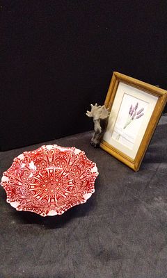 Ornate Red/Pink Bowl,and Photo Frame. With Hand drawn Lavender Picture