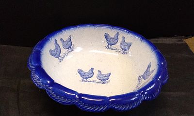 Very Large Blue and Cream Stoneware Bowl Decorated with Roosters. Measures Approx 12x39cm
