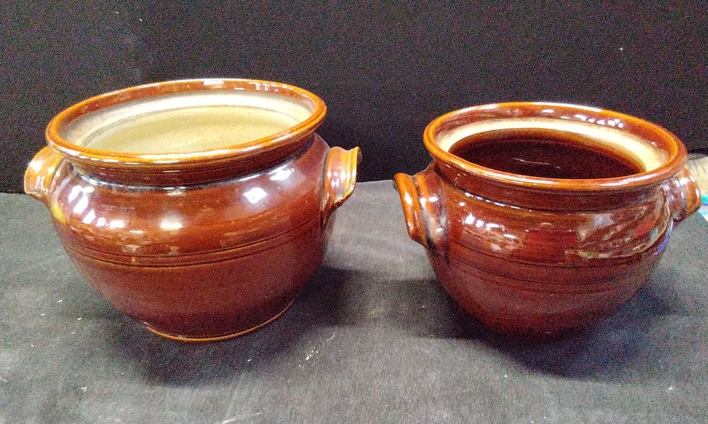 Lot 450: Two Vintage Stoneware Brown Casserole Pots. No Lids