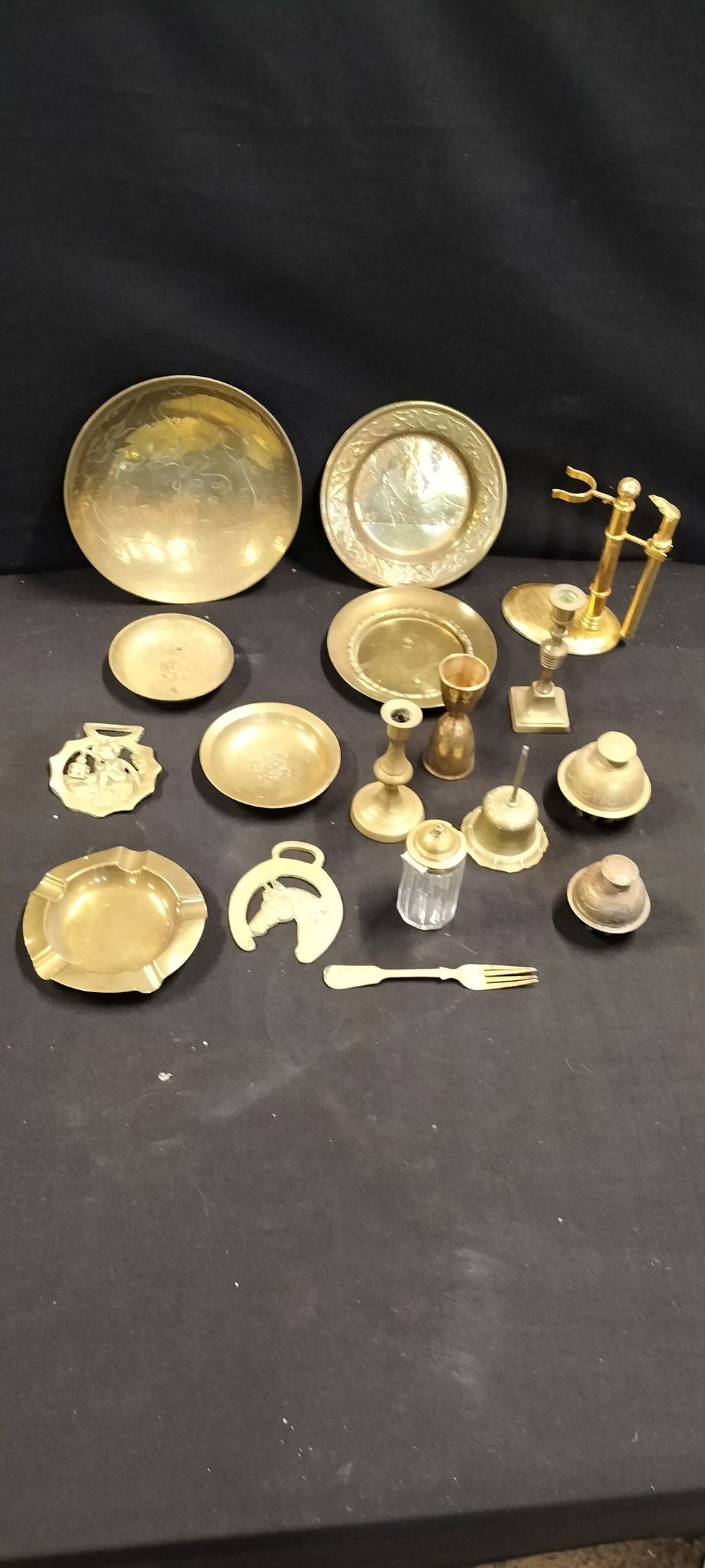 Lot 334: A Collection of Brass Items Including an Ashtray, Candlesticks and Elephant Bells