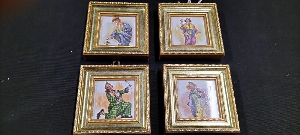 Lot 340: Four Small Ceramic Tiles Depicting Clowns Mounted and Framed