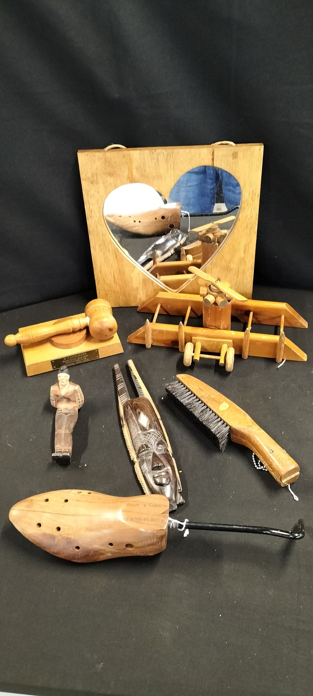 Lot 355: A Quantity of Wooden Items Including a Gavel , an African Head Wall hanging, a Shoe Stretcher and a Clothes Brush that Doubles as a Coat Hanger
