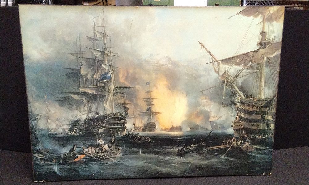 Lot 656: Print On Board. Titled The Bombardment of Algiers, 27 August 1816, by George Chambers the Elder.