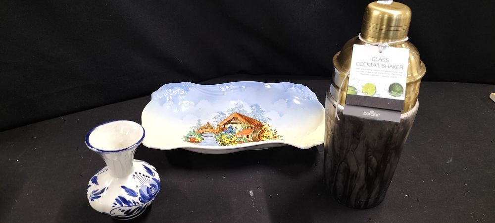 Lot 357: A New Barcraft Cocktail Shaker, a Delft Bud Base and a Lancaster Potteries, Staffordshire Large Trinket Dish