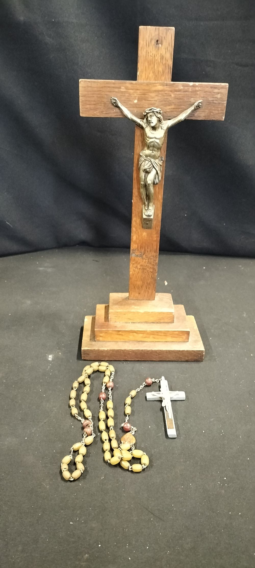 Lot 359: A Vintage Rosary with Silver Tone Cross and a Vintage Wooden Crucifix