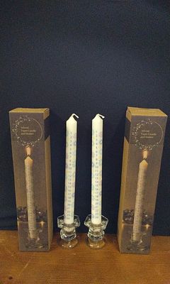 Two Advent Tapered Candles and Glass Holders
