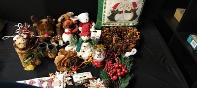 Job Lot of Christmas Items Including Cushions, Reindeer Teddies, Door Wreath and A Snowman