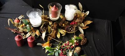 A Large Table Centre Piece or Shelf Christmas Decorative Piece, with Glass Candle Holders and 