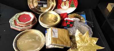 Christmas Buffet Items Including Napkins, Plates, Serving Platters and Doyleys