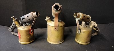 Three Vintage Brass Blow Torches. Three vintage brass blow torches, including examples from 