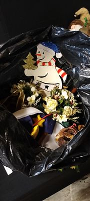 A Box with Three Bags of Mixed Christmas Decorations