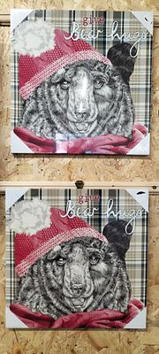 Two Mounted Canvas Prints of a Bear in a Hat and Scarf with the Catchline 'Give Bear Hugs'. 