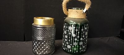 Two Pieces of Glass,A Green Glass Christmas Lantern With a Snowflake Pattern and a Rope Handle 