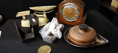 Mixed Lot of Items Including a Mantle Clock, Scales, Cobblers Last and Weights COLLECTION ONLY