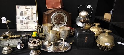 COLLECTION ONLY* Job Lot Of Items Including Mantle Clock Brass Blowtorch, EPNS Items, Brass 