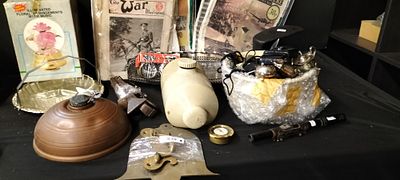 A Job Lot of Mixed Items Including Brassware, EPNS, Cobblers Last and a Ceramic Hot Water Bottle