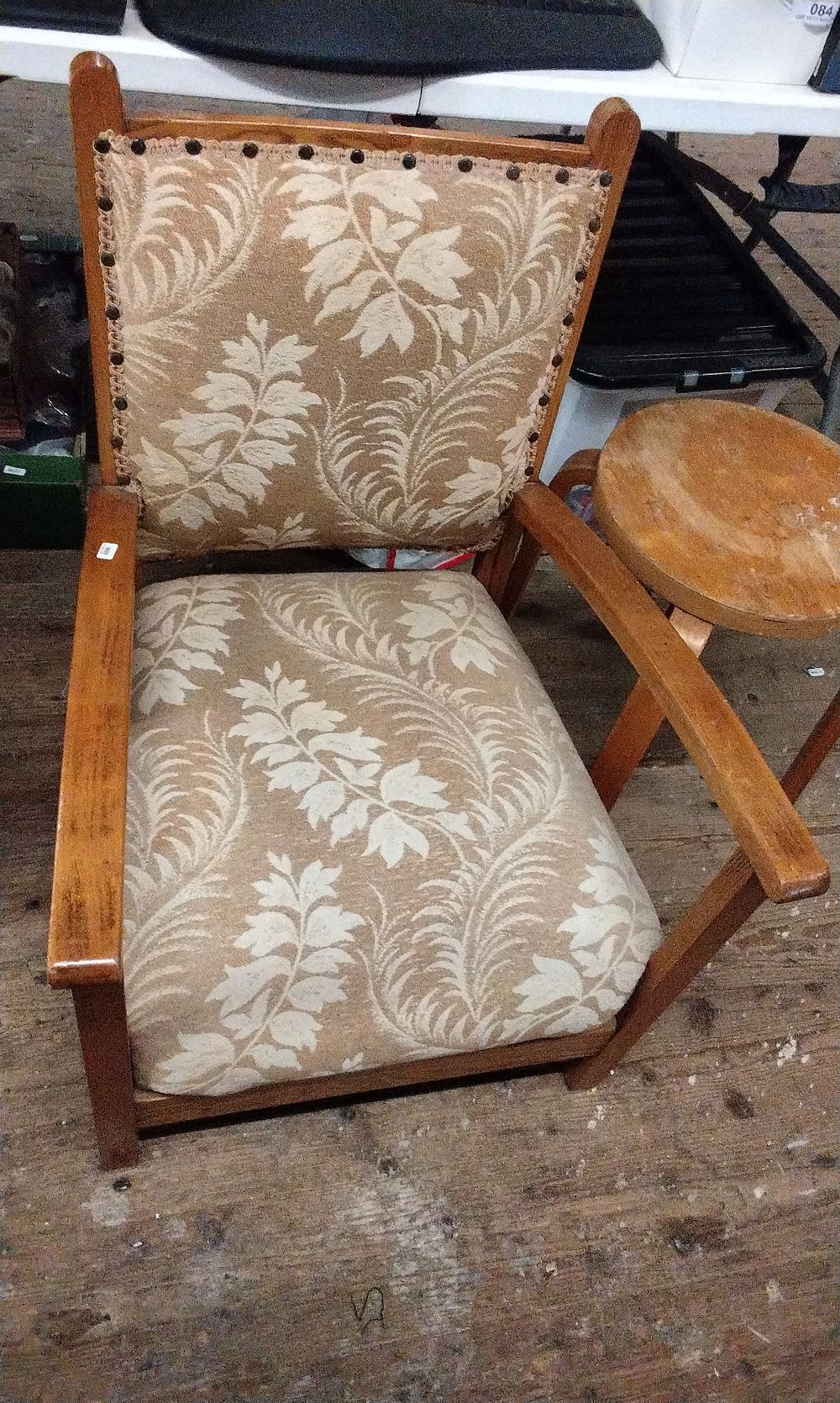 Lot 696: Vintage Wood Framed Low Upholstered Cottage Armchair
